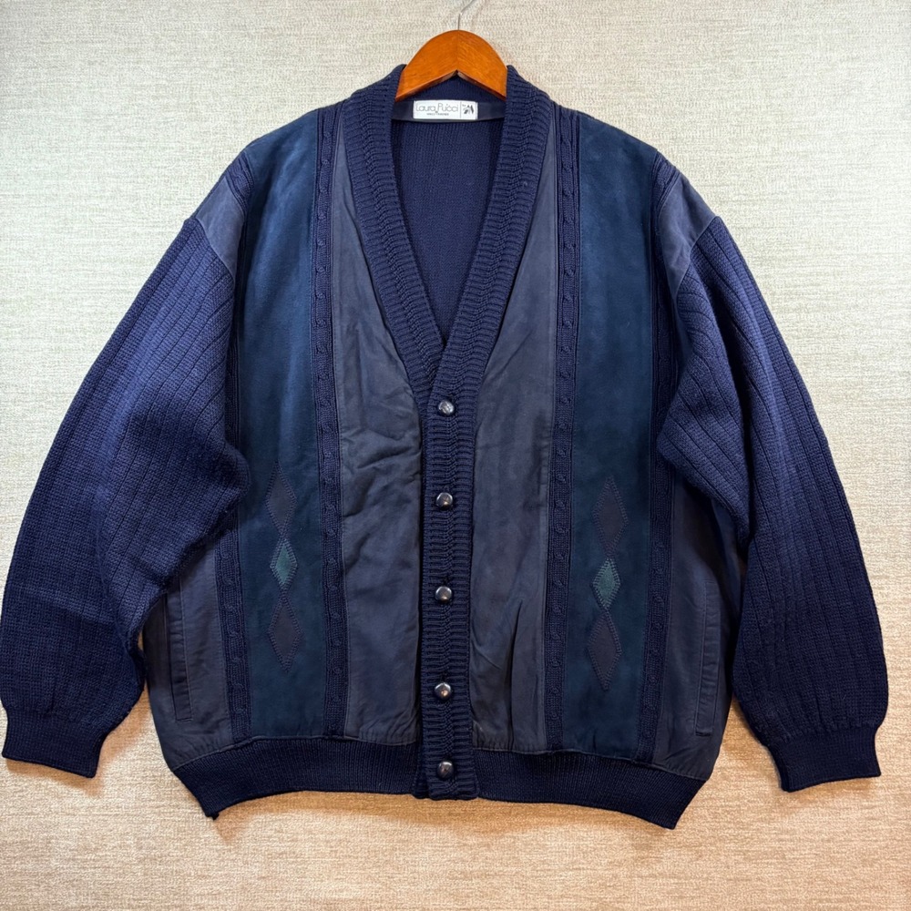 L Pucci Navy Blue Wool Blend Cardigan Sweater Made in Italy GrandpaCore Mens LG